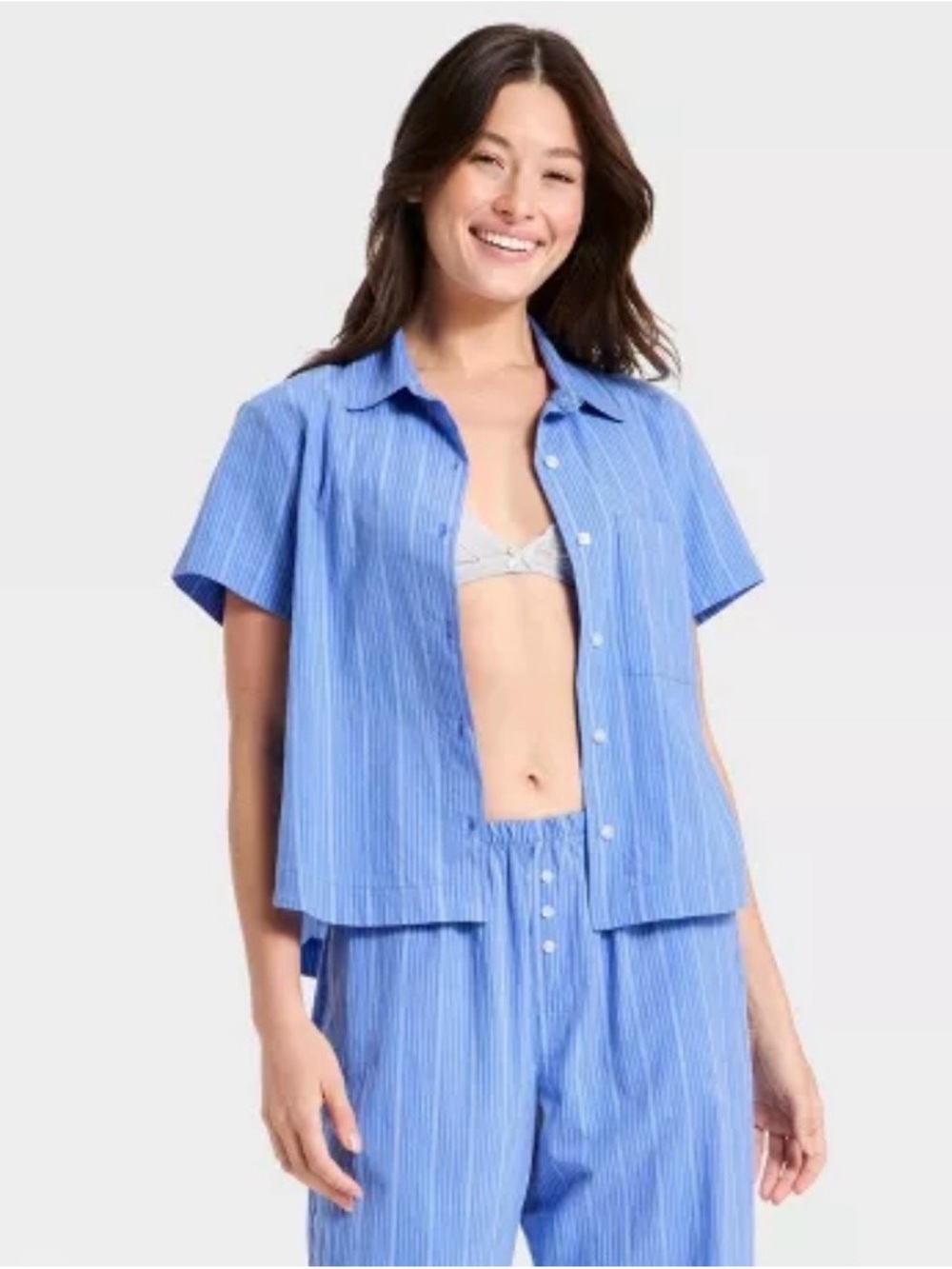 Auden Blue Striped Cotton Blend Short-Sleeve Pajama Top & Pants Set Size XS/S